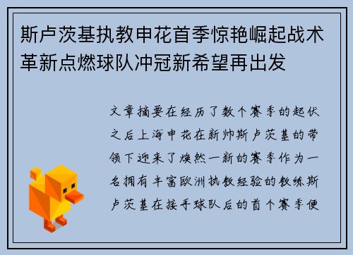 斯卢茨基执教申花首季惊艳崛起战术革新点燃球队冲冠新希望再出发
